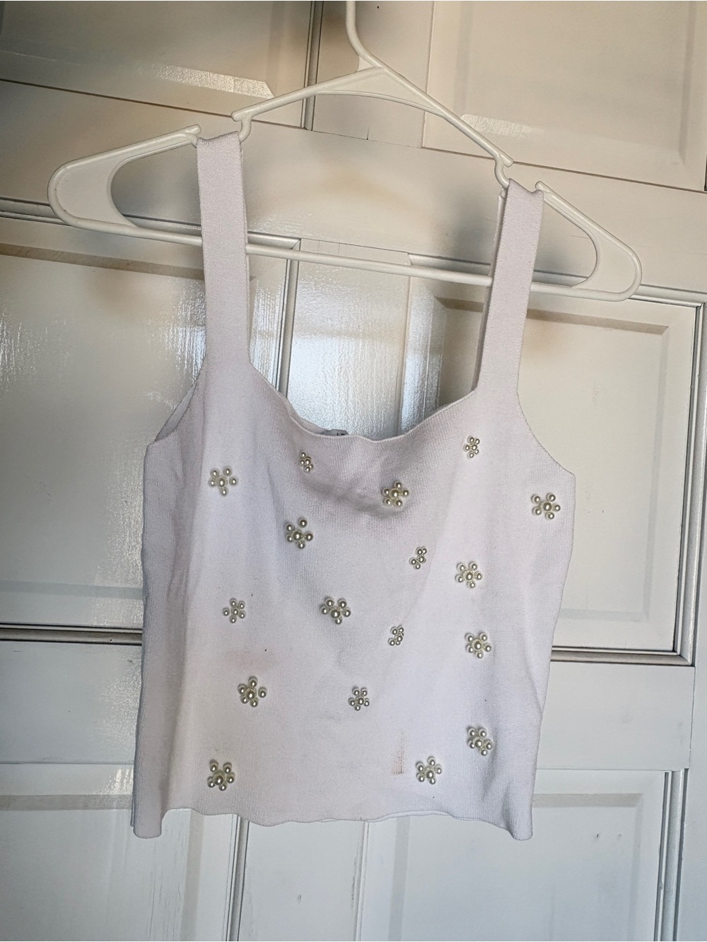 Pearl-Embellished White Tank Top
